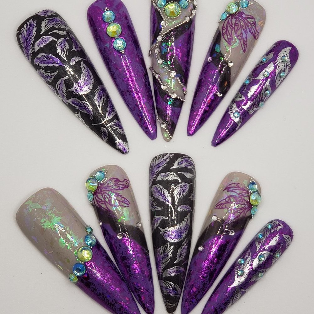 XXL Stiletto Gel Press on Nails " Peacock "